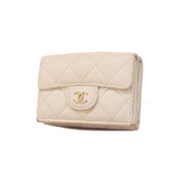 Chanel Tri-fold Wallet Matelasse Caviar Skin White Champagne Women's