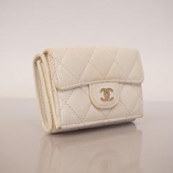 Chanel Tri-fold Wallet Matelasse Caviar Skin White Champagne Women's