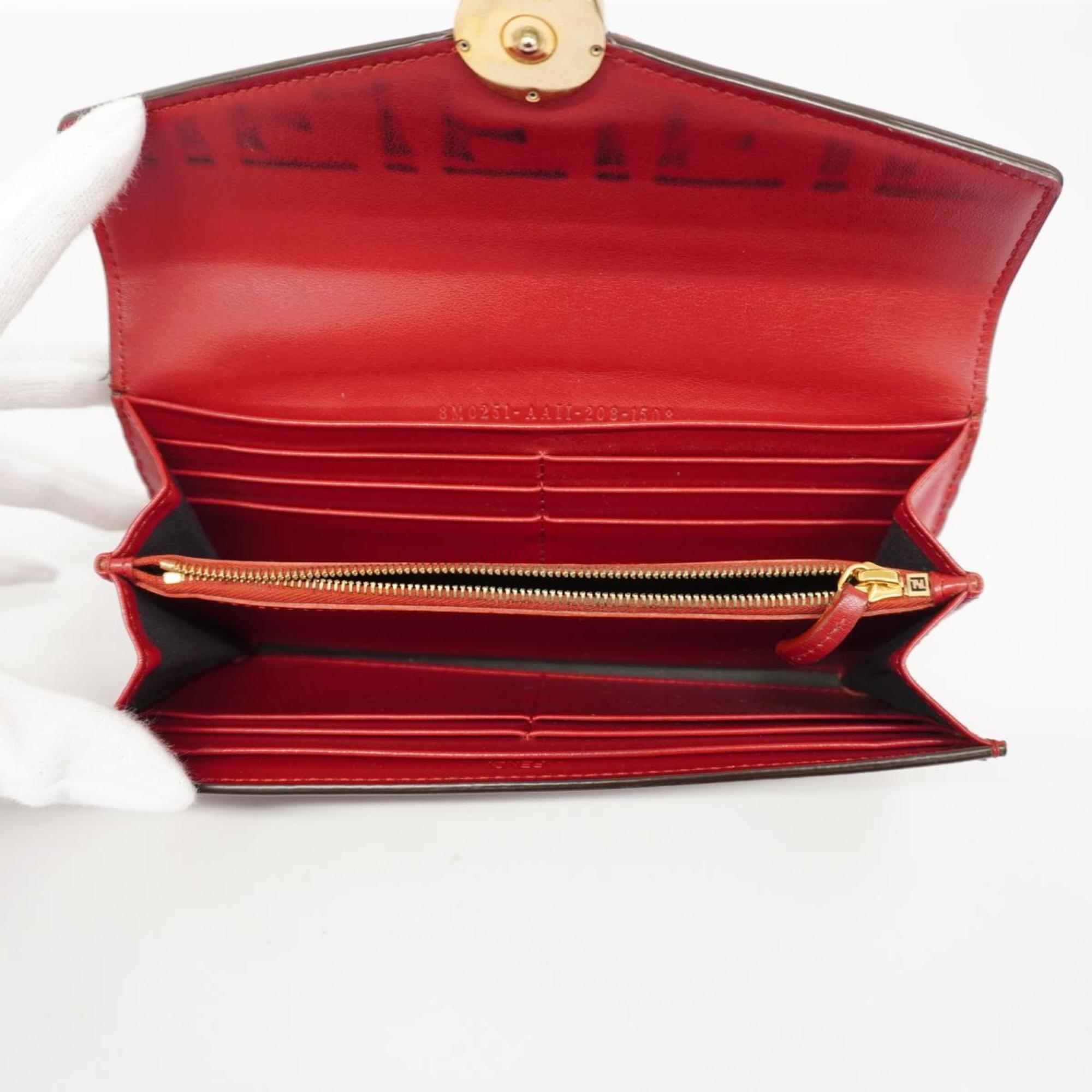 Fendi Long Wallet Zucca Leather Brown Red Women's