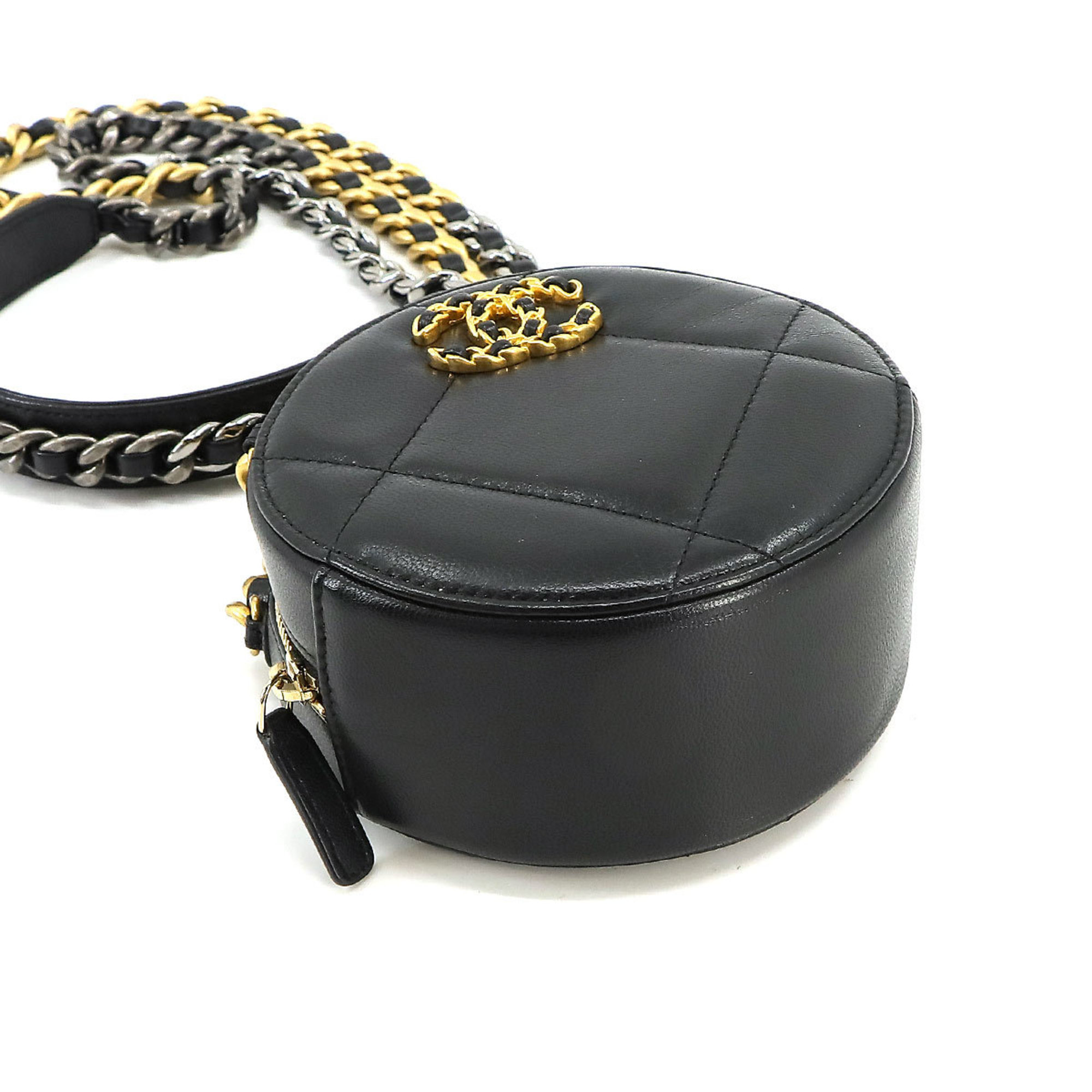 CHANEL 19 Round Clutch Chain Shoulder Bag Leather Black AP0945 Chanel