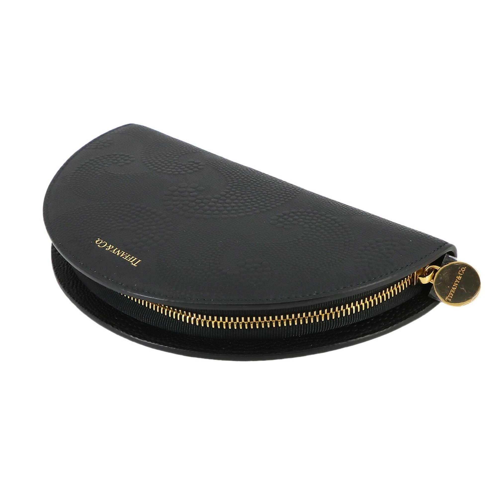 Tiffany & Co. Half Moon Round Wallet Leather Black Gold Hardware