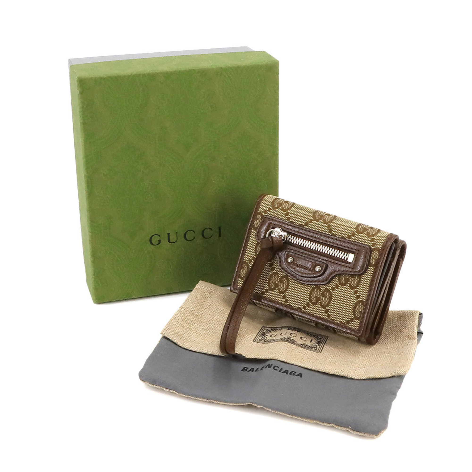 GUCCI BALENCIAGA The Hacker Project Tri-fold Wallet GG Canvas Leather Beige Brown 681708