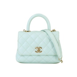 CHANEL Coco Handle Matelasse 2way Hand Shoulder Bag Caviar Skin Leather Light Blue AS2215