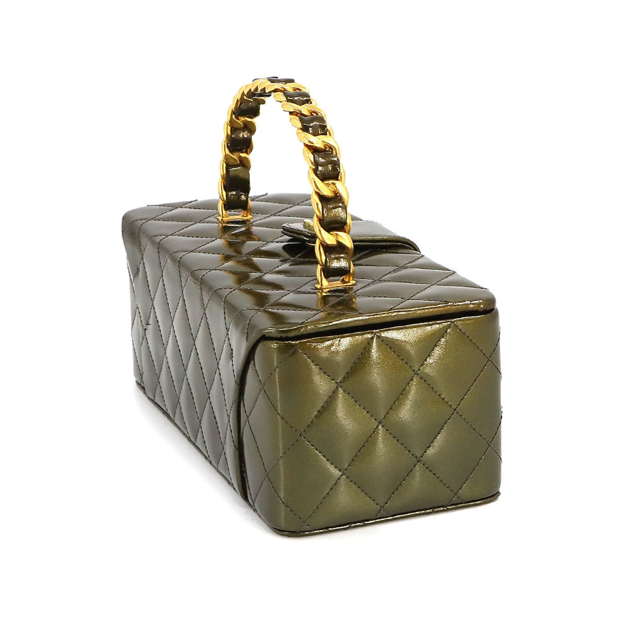 CHANEL Matelasse Vanity Hand Bag Makeup Box Case Patent Leather Khaki Coco Mark
