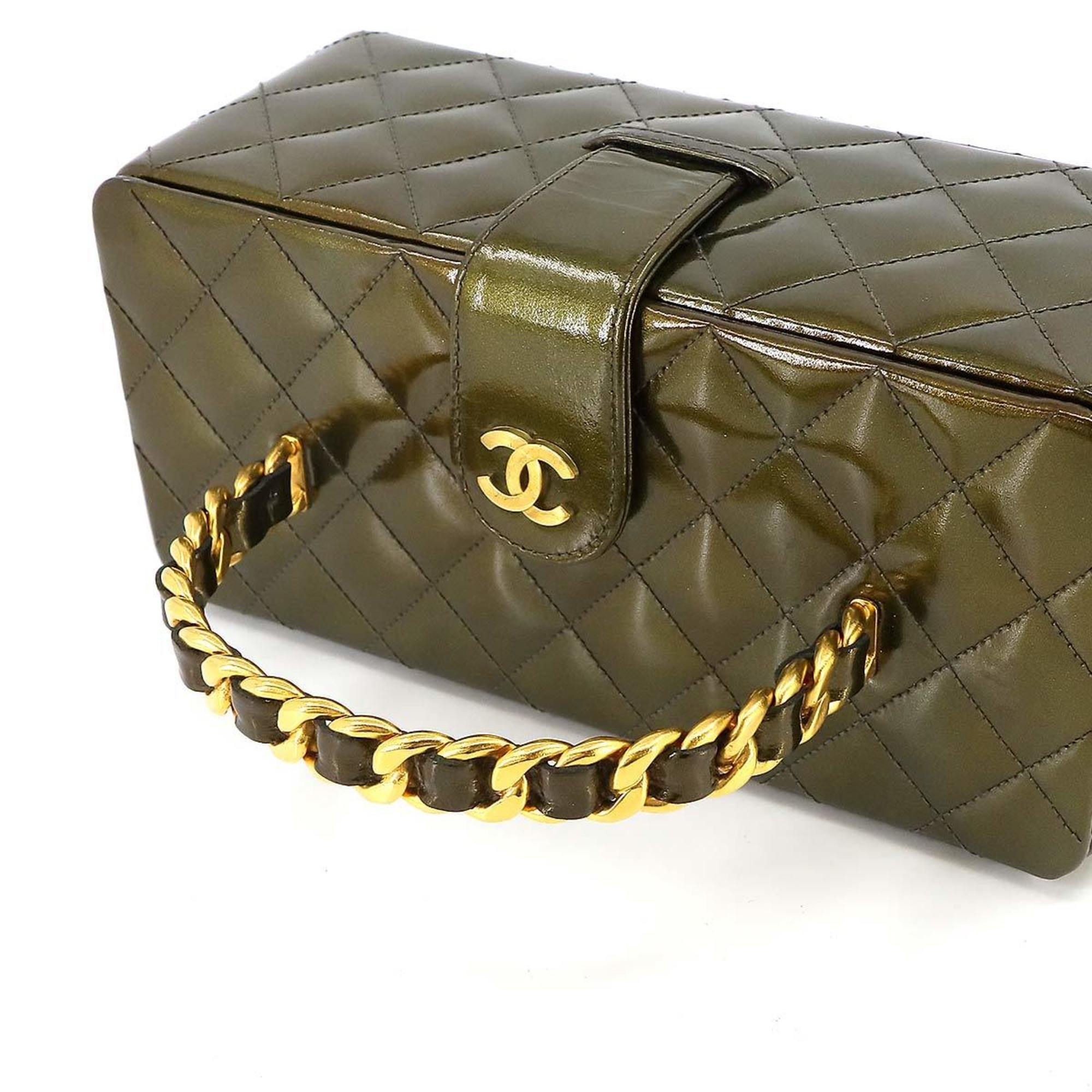 CHANEL Matelasse Vanity Hand Bag Makeup Box Case Patent Leather Khaki Coco Mark