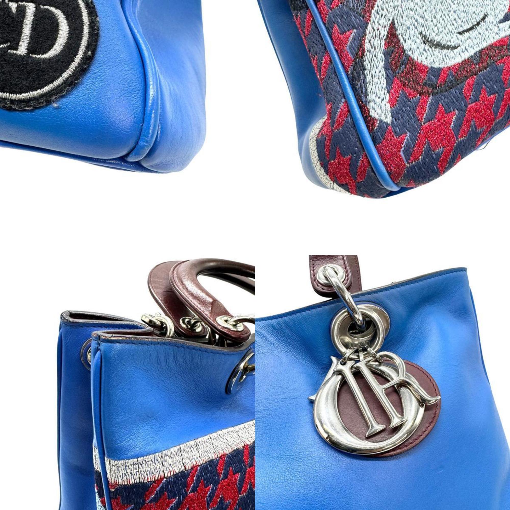 Christian Dior Shoulder Bag Handbag Cannage Leather Blue x Wine Red Women's z0934