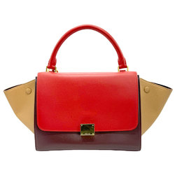 CELINE Shoulder Bag Handbag Trapeze Leather Red x Bordeaux Camel Women's z0956