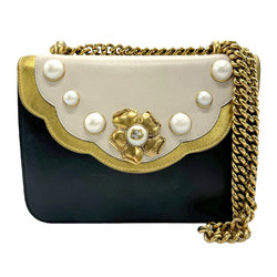 GUCCI Shoulder Bag Leather Faux Pearl Black x Ivory Gold Women's 432282 z1089