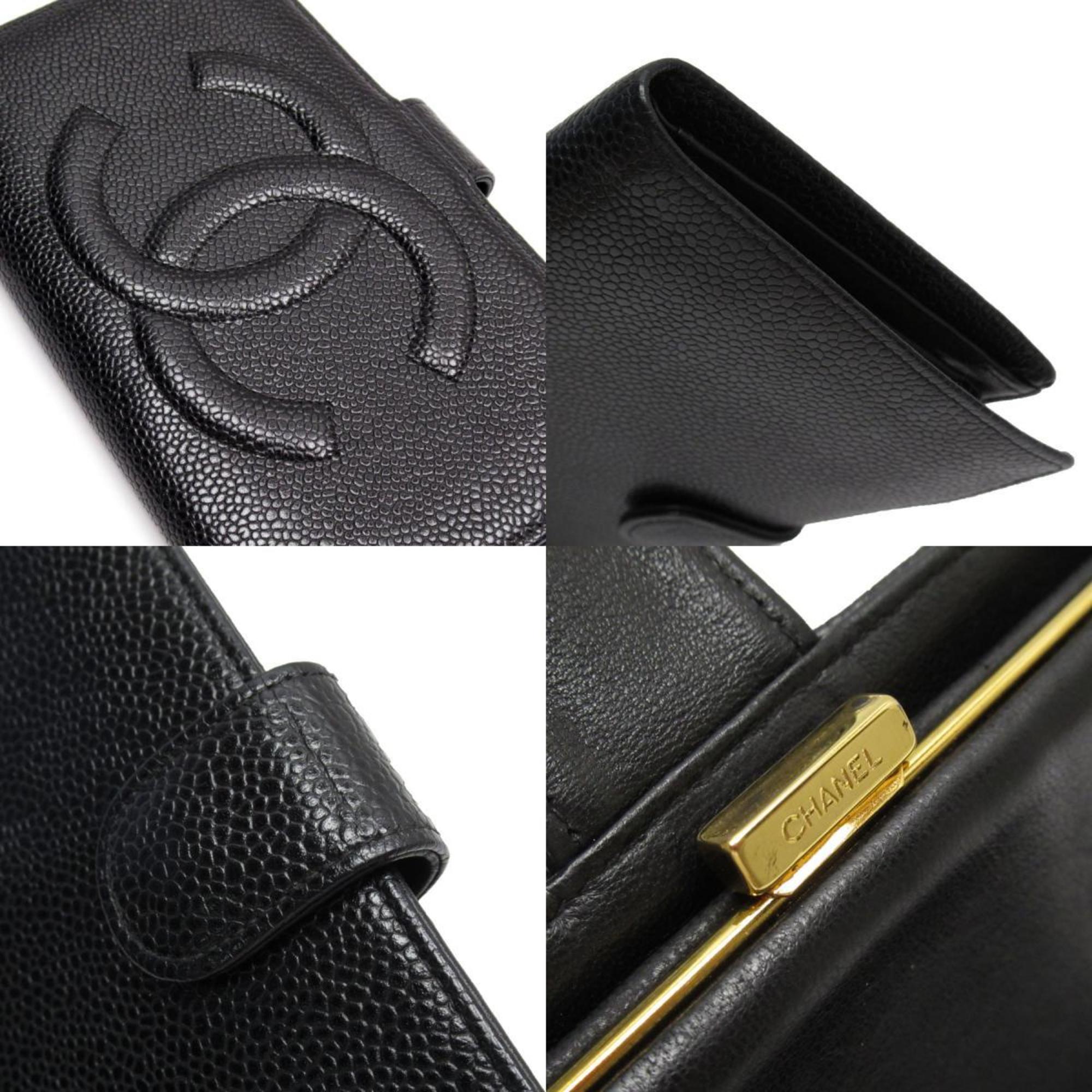 CHANEL Bi-fold Wallet Coco Mark Caviar Skin Leather Black Gold Women's w0340g