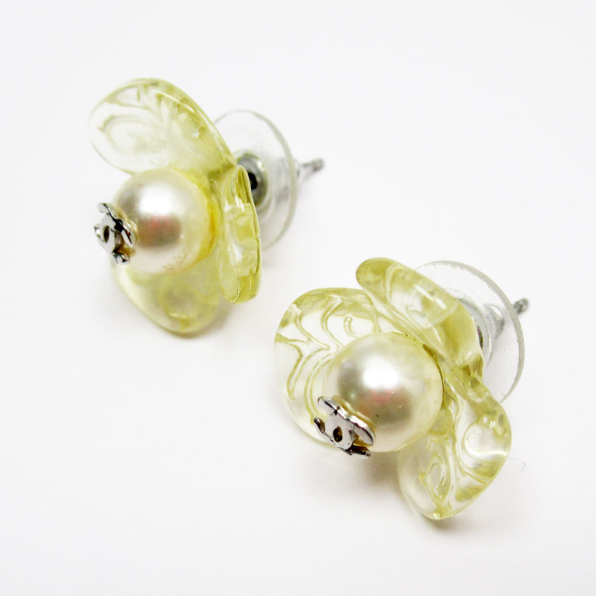 CHANEL Earrings Coco Mark Flower Motif Resin Faux Pearl Metal Clear White Silver Women's w0288i