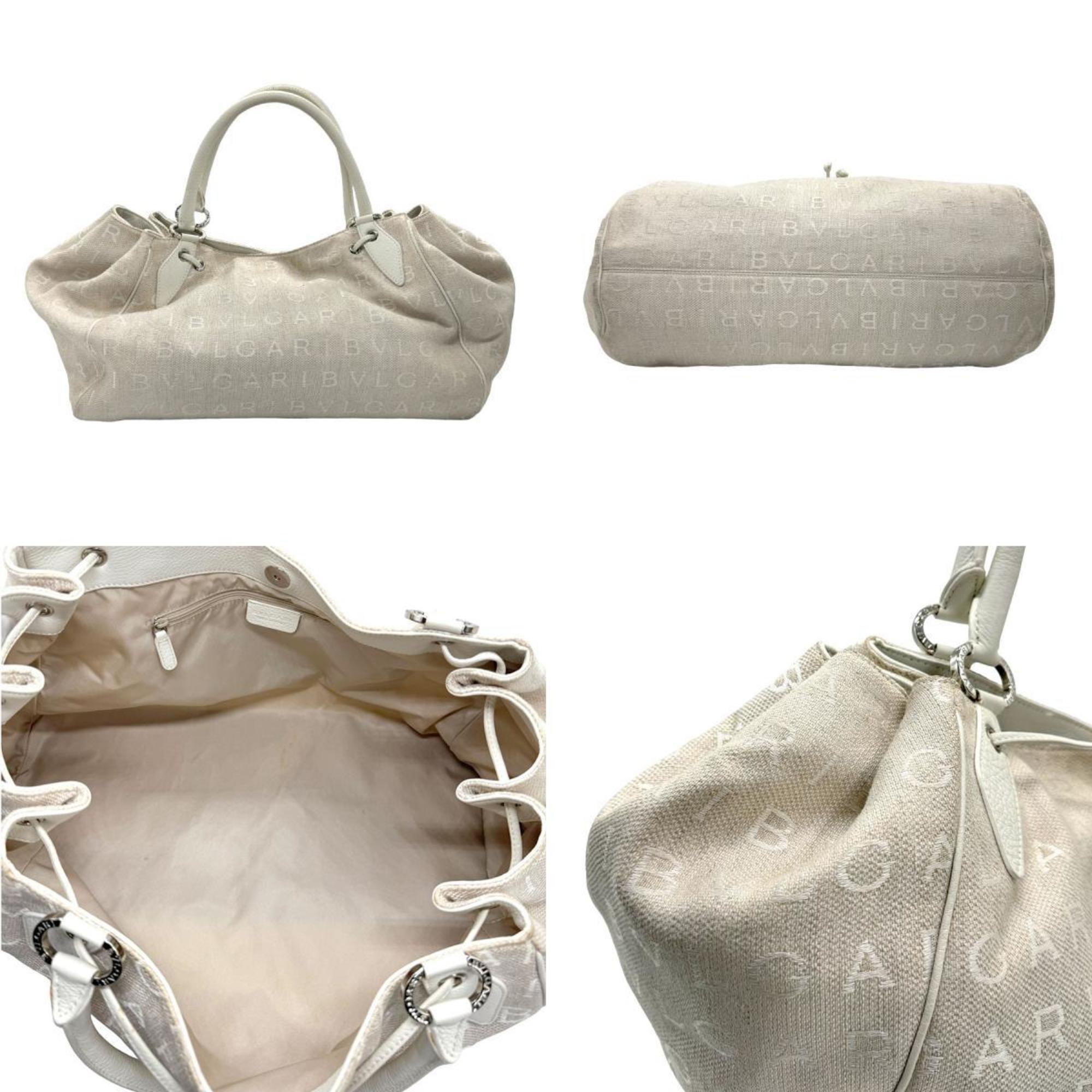 BVLGARI Handbag Canvas Leather Beige Off-White Women's z1045