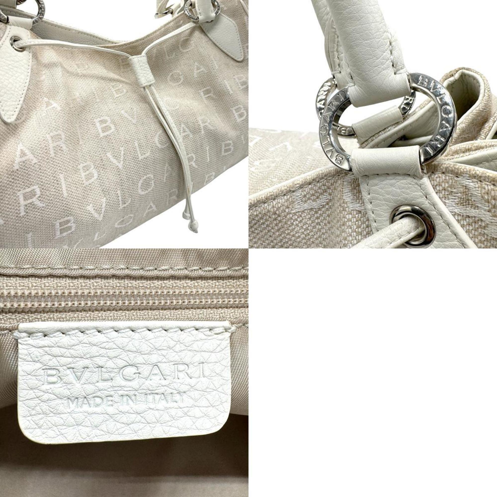 BVLGARI Handbag Canvas Leather Beige Off-White Women's z1045