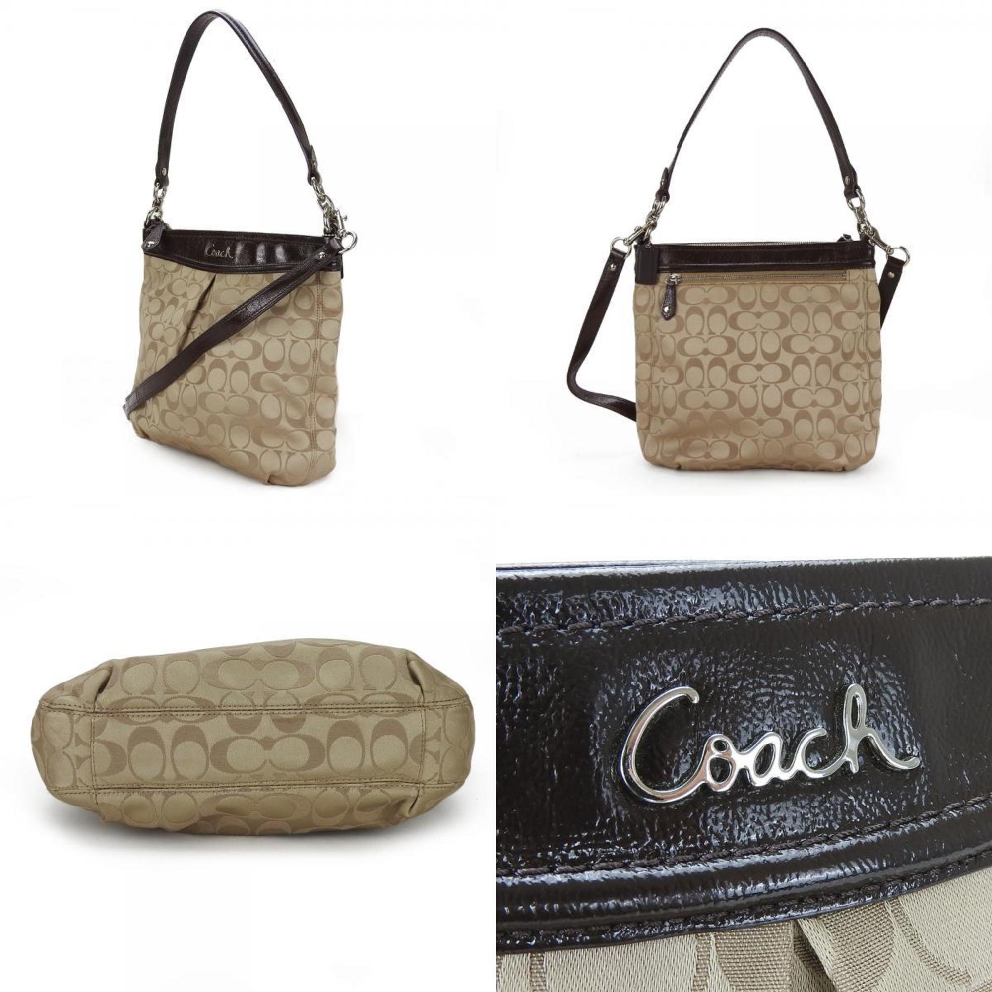 Coach Shoulder Bag F20111 Signature Canvas Patent Leather Brown Beige Women's COACH