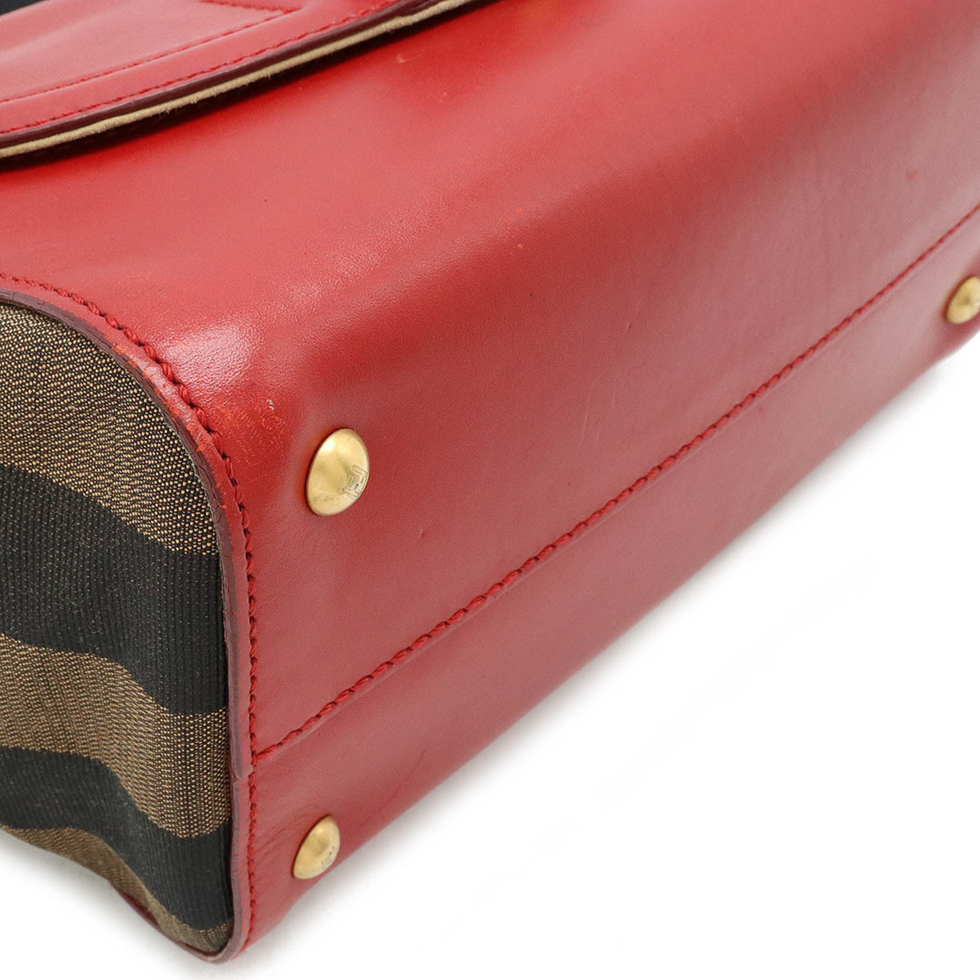 FENDI Silvana Pequin Pattern Handbag Shoulder Bag Leather Nylon Canvas Red Khaki Brown 8BN234