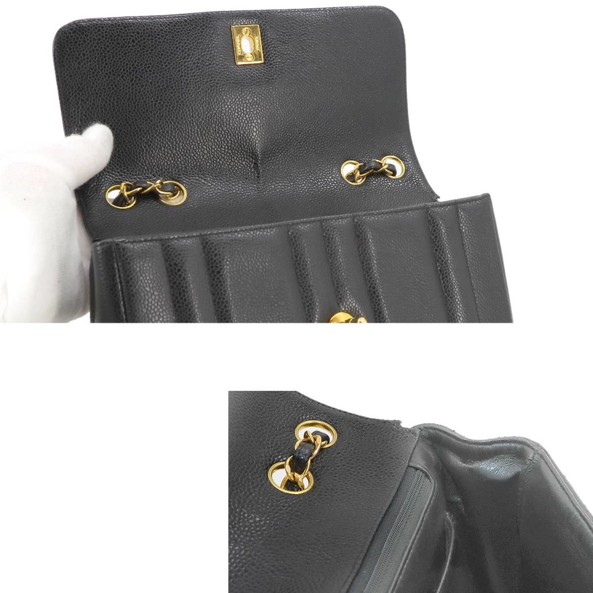 CHANEL Mademoiselle Chain Shoulder Bag Caviar Skin Black Coco Mark Gold Hardware