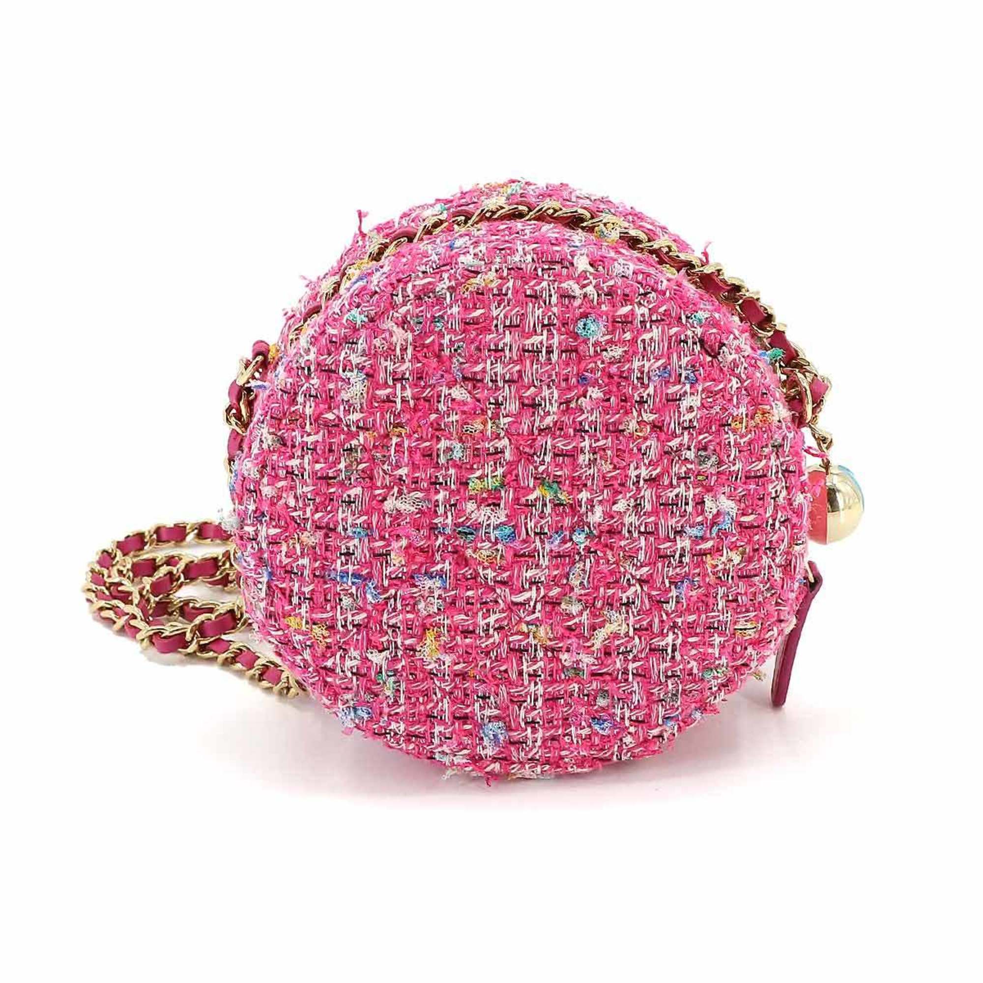 CHANEL Chain Shoulder Bag Tweed Leather Pink AP0366
