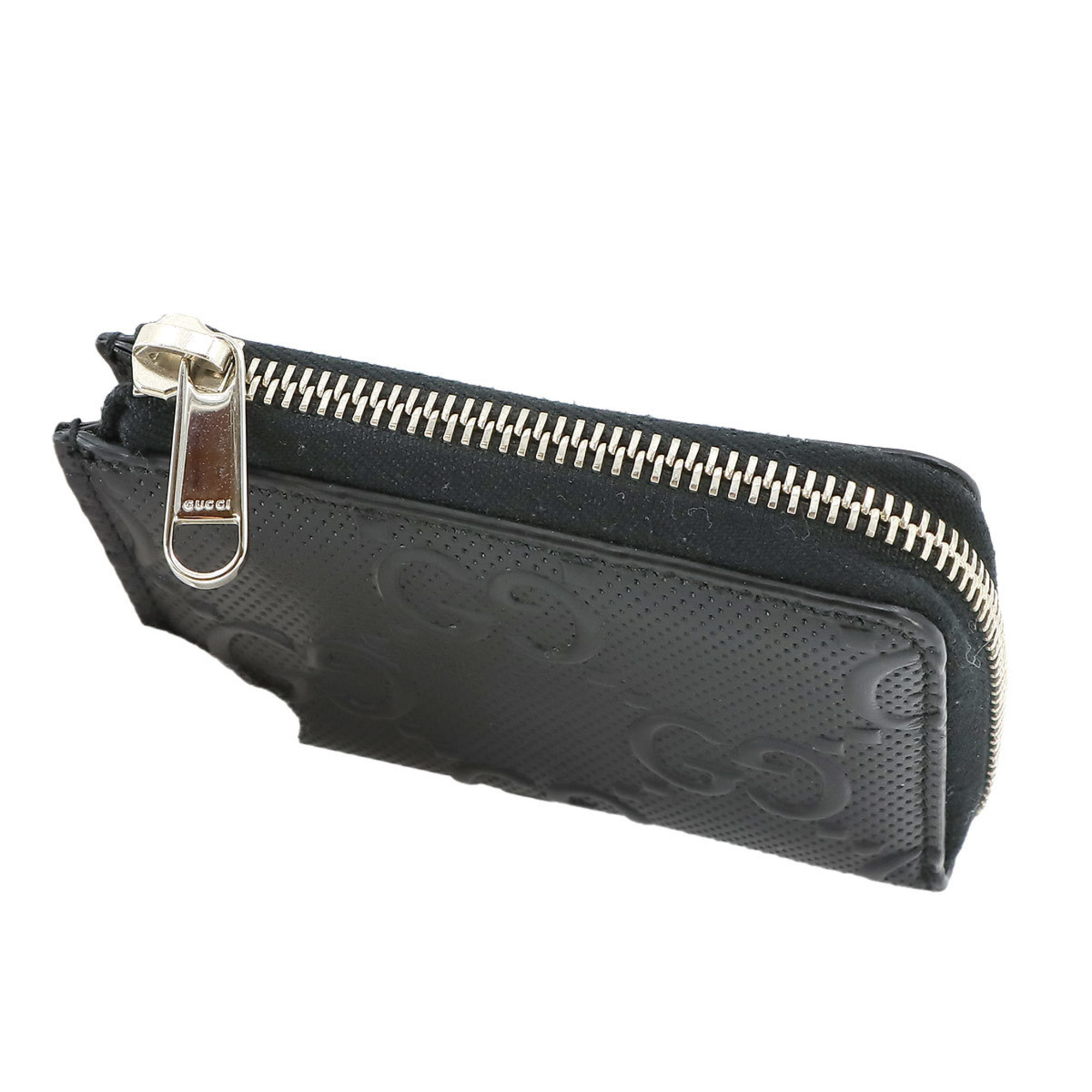 GUCCI GG embossed L-shaped wallet/coin case, coin purse, leather, black, 657571, silver hardware, Coin Case
