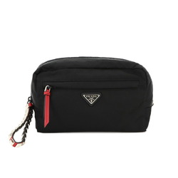 PRADA Studded Clutch Second Bag Nylon Leather Black Red 1NA019 Silver Hardware