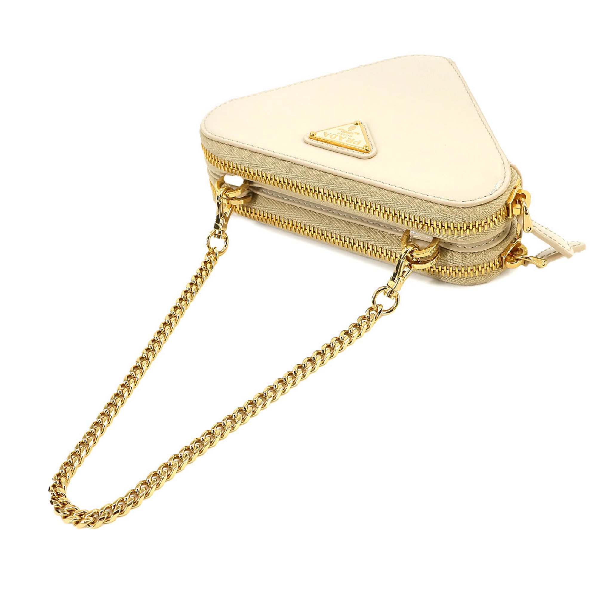 PRADA Triangle Pouch 2way Hand Shoulder Bag Patent Leather Ivory 1NR015 Mini