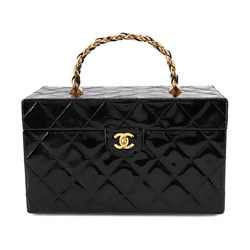 CHANEL Matelasse Vanity Handbag Makeup Box Case Enamel Black Coco Mark
