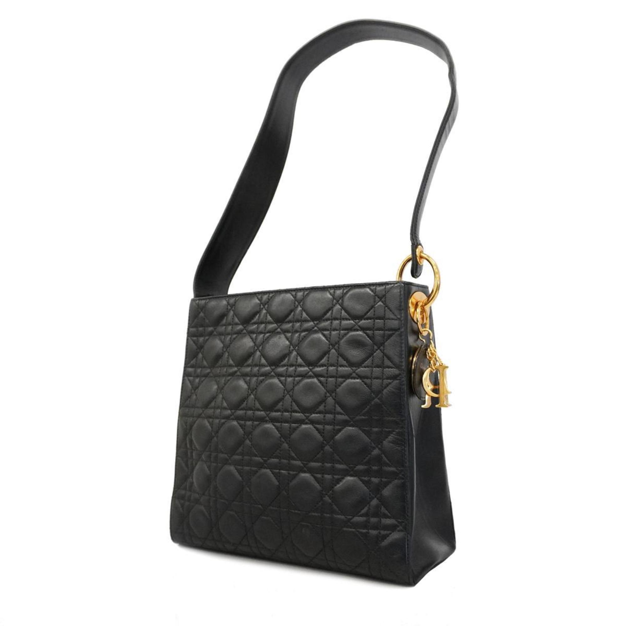 Christian Dior Shoulder Bag Cannage Leather Black Women's