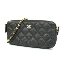 Chanel Shoulder Wallet Matelasse Chain Caviar Skin Black Champagne Women's