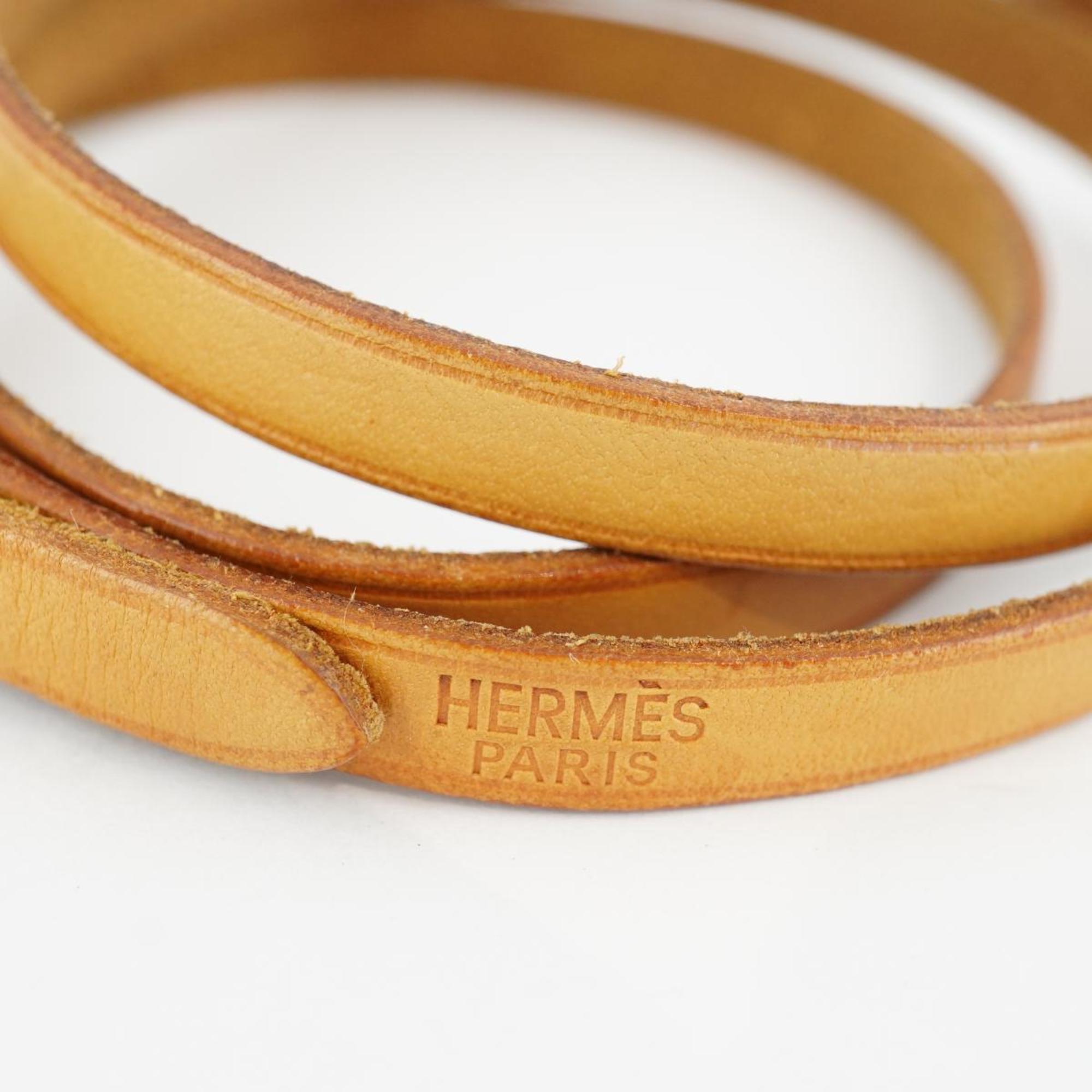 Hermes Bracelet API3 GP Plated Leather Silver Brown Women's