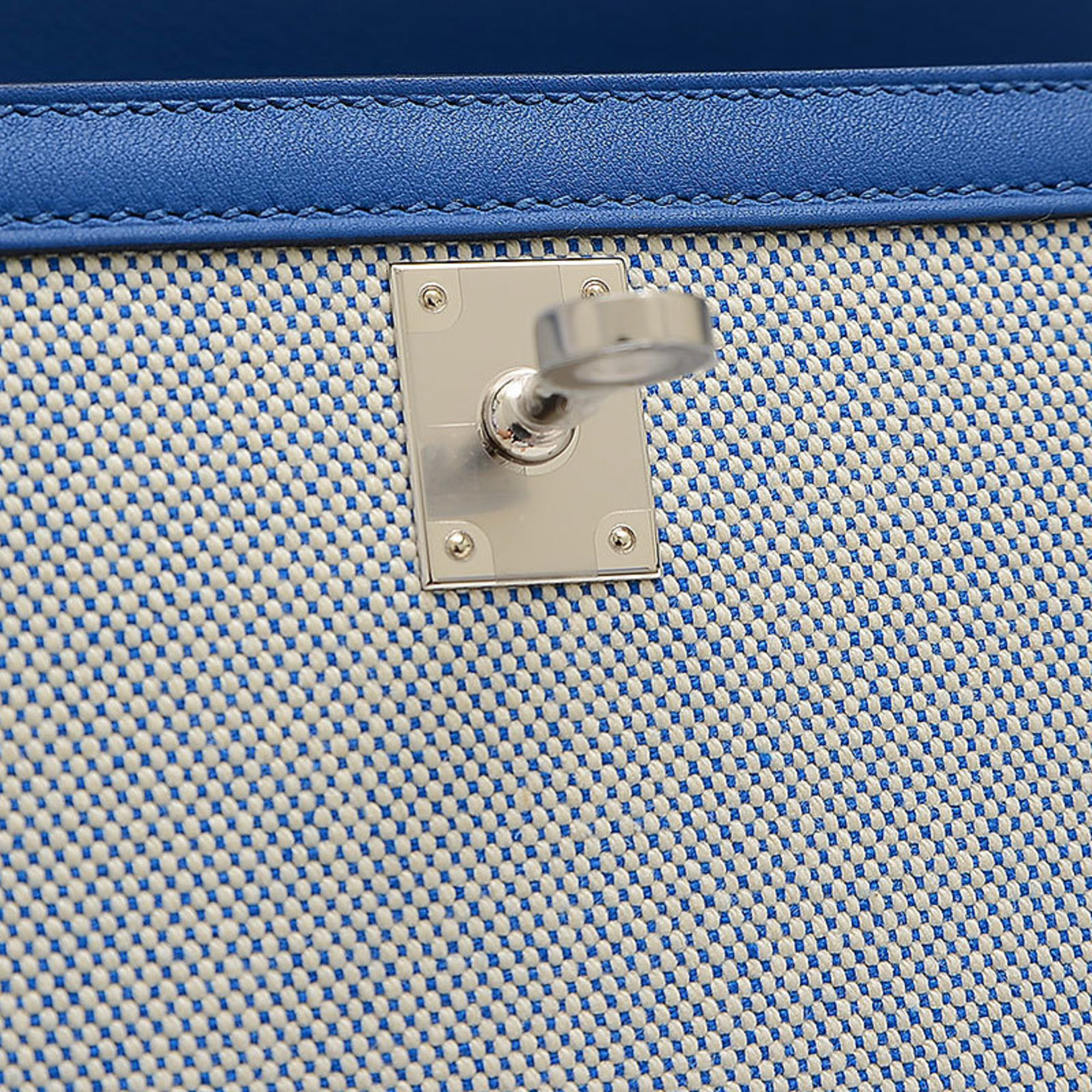 Hermes Kelly 25 Outer Stitching Handbag Toile Swift Blue France Ecru B Stamp
