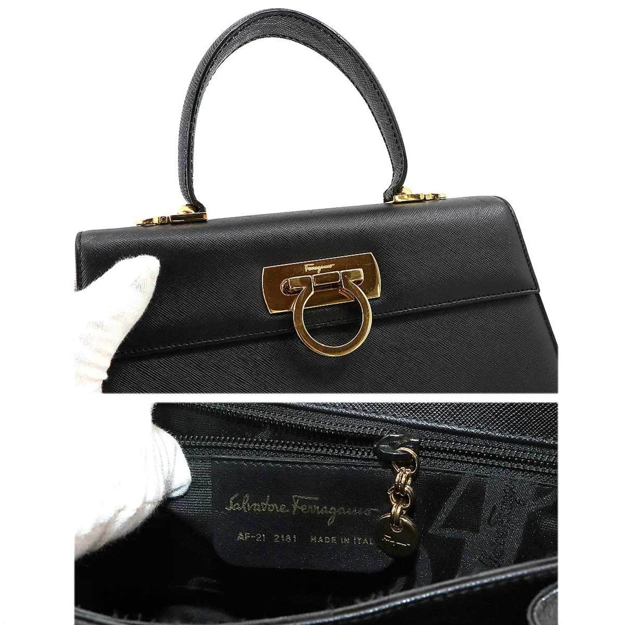 Salvatore Ferragamo Gancini 2way hand shoulder bag leather black 21 2181 gold hardware Hand Bag