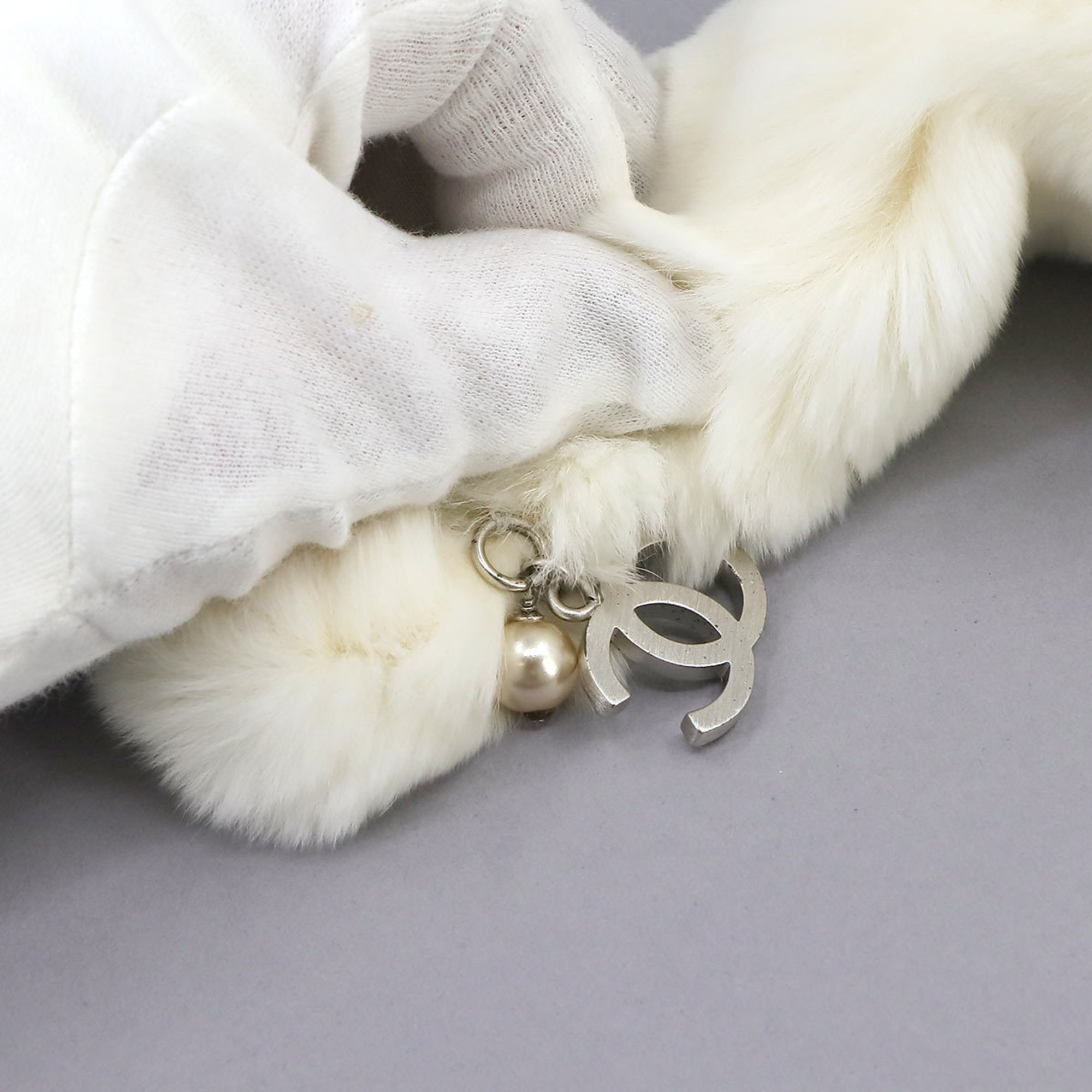 CHANEL Lapin Bracelet Bangle Fur White Coco Mark