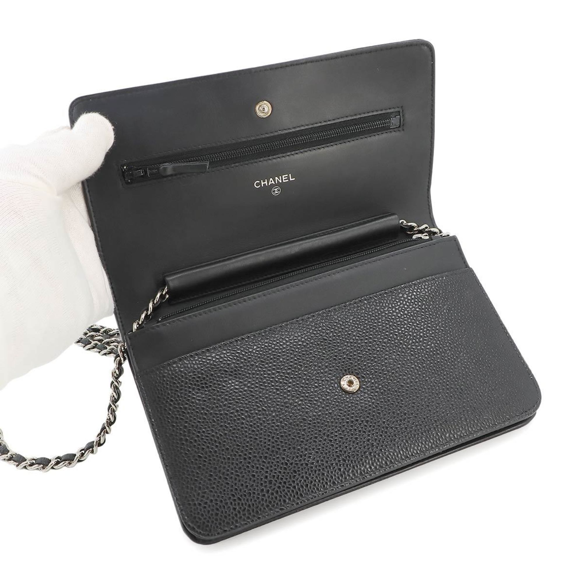CHANEL Caviar Skin Chain Wallet Long Leather Black 8654 Coco Mark Silver Metal Fittings
