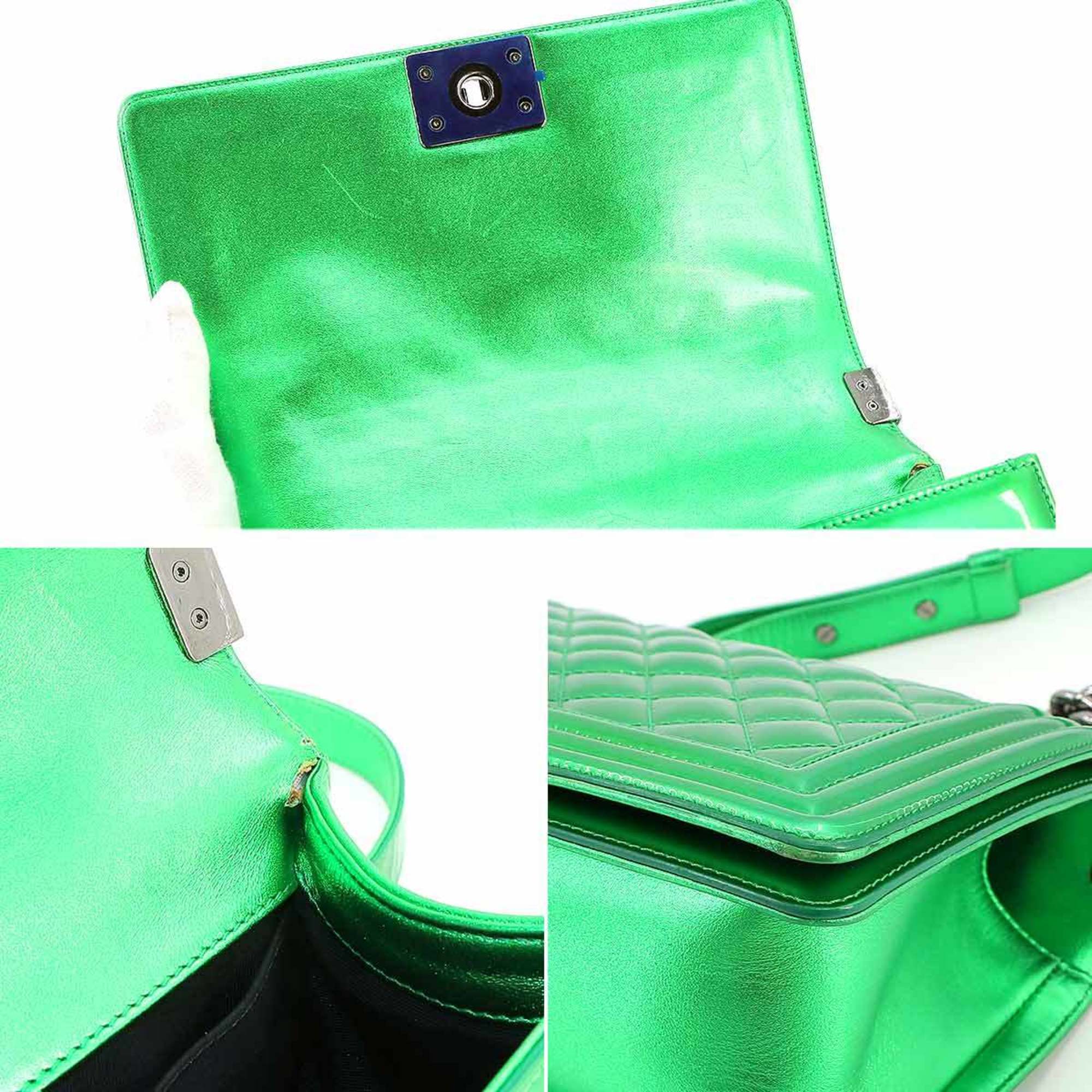 CHANEL Boy Chanel Chain Shoulder Bag Enamel Metallic Green A67086 Silver Metal Fittings