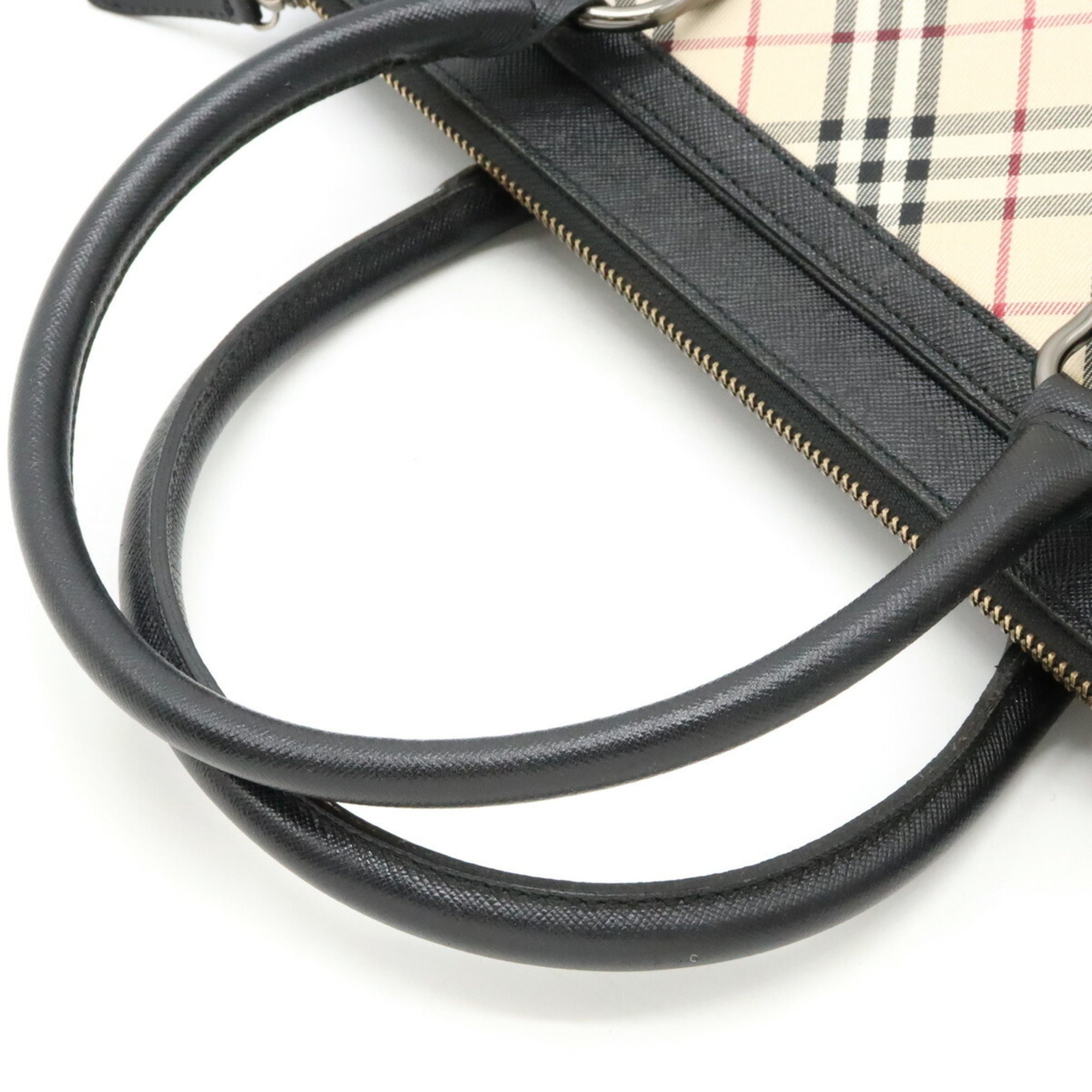 BURBERRY Check pattern tote bag handbag canvas leather beige black