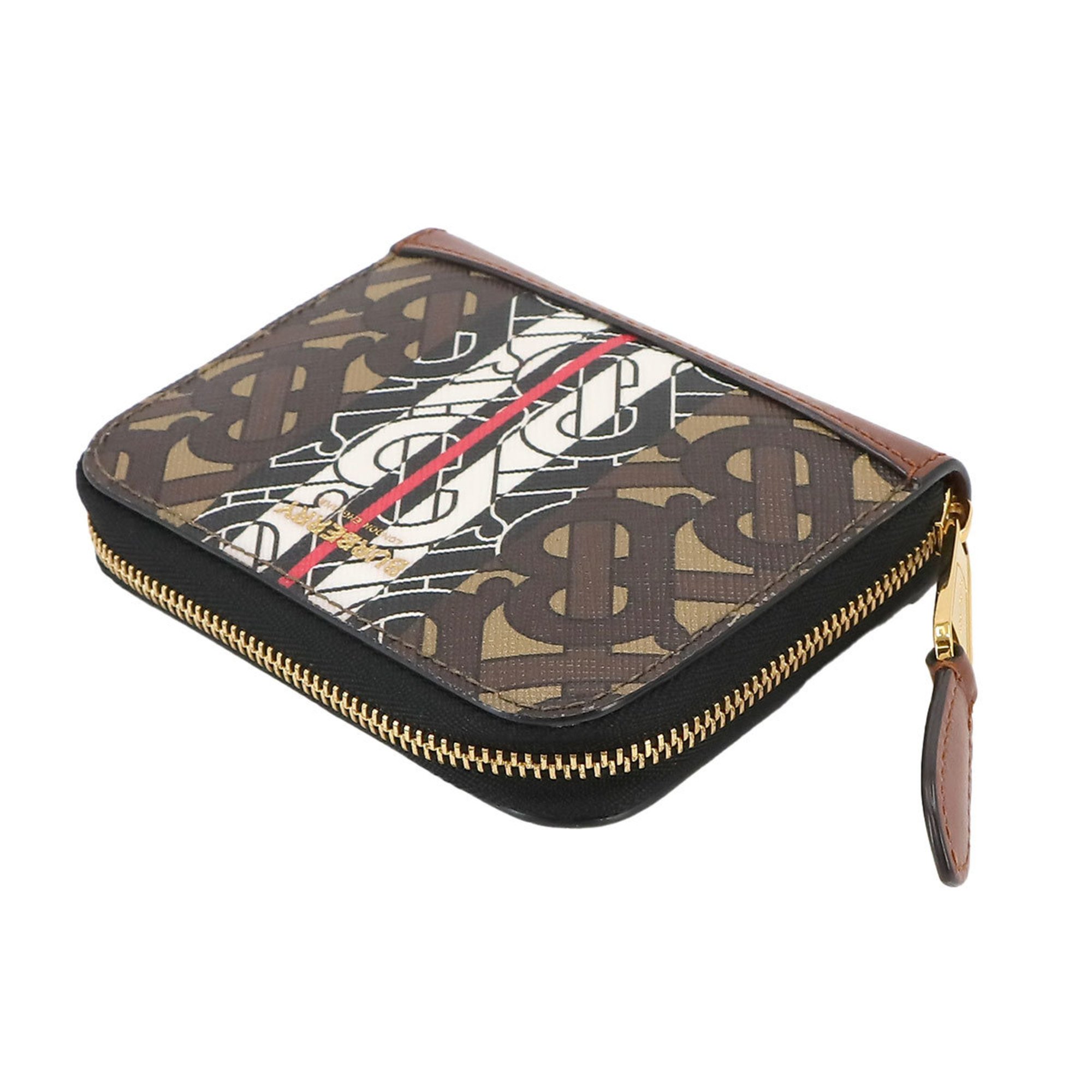 Burberry Monogram Stripe Round Wallet/Coin Case Coin Purse Leather Brown Gold Metal Fittings