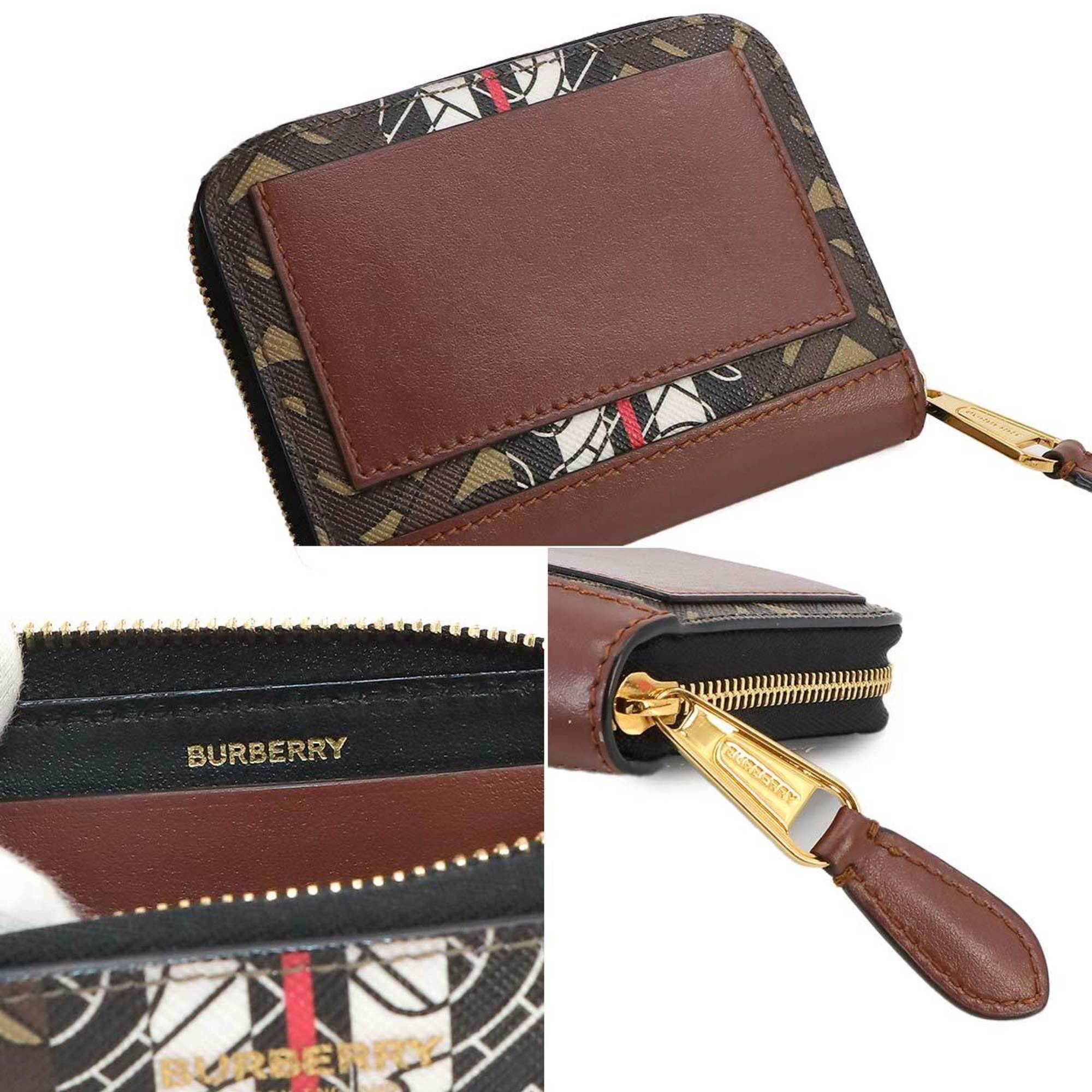 Burberry Monogram Stripe Round Wallet/Coin Case Coin Purse Leather Brown Gold Metal Fittings