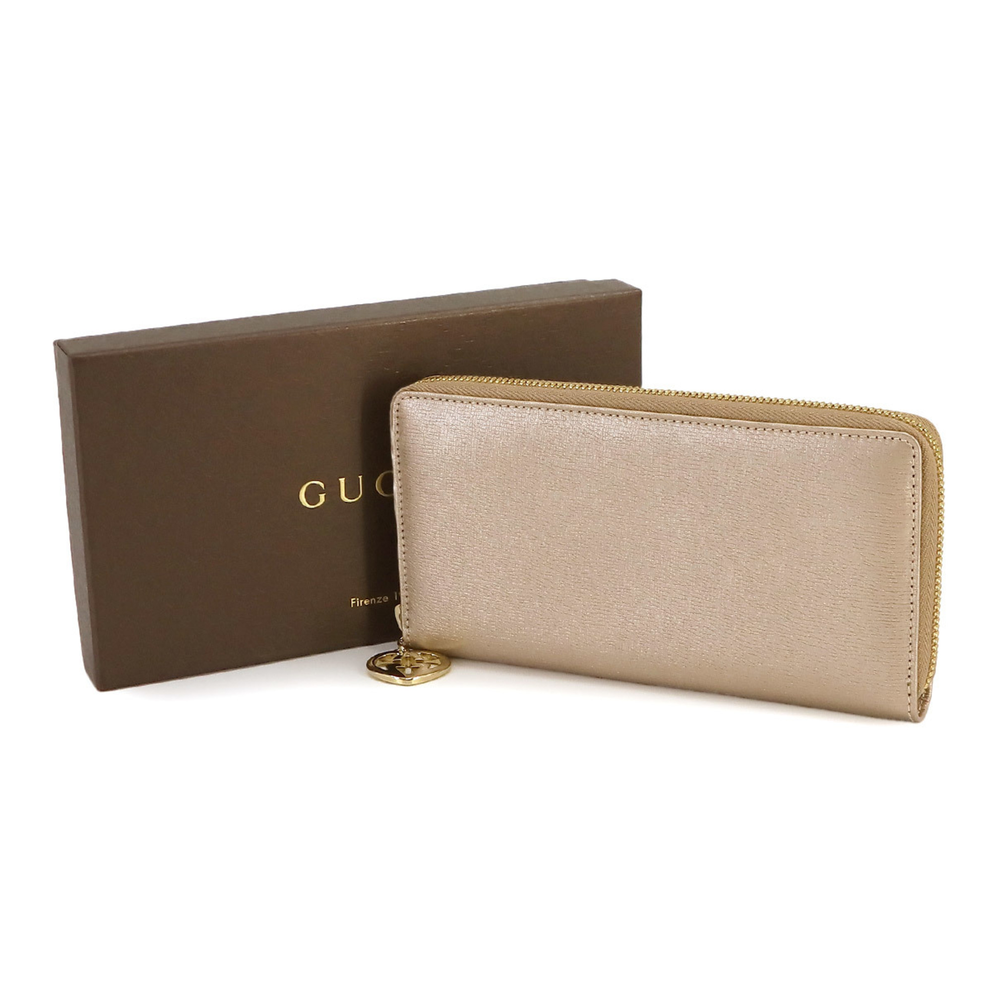GUCCI Round Long Wallet Leather Beige 308005 Gold Hardware