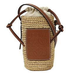 LOEWE Women's Shoulder Bag Cylinder Pocket Raffia Calf Leather Natural Tan Beige Brown Compact