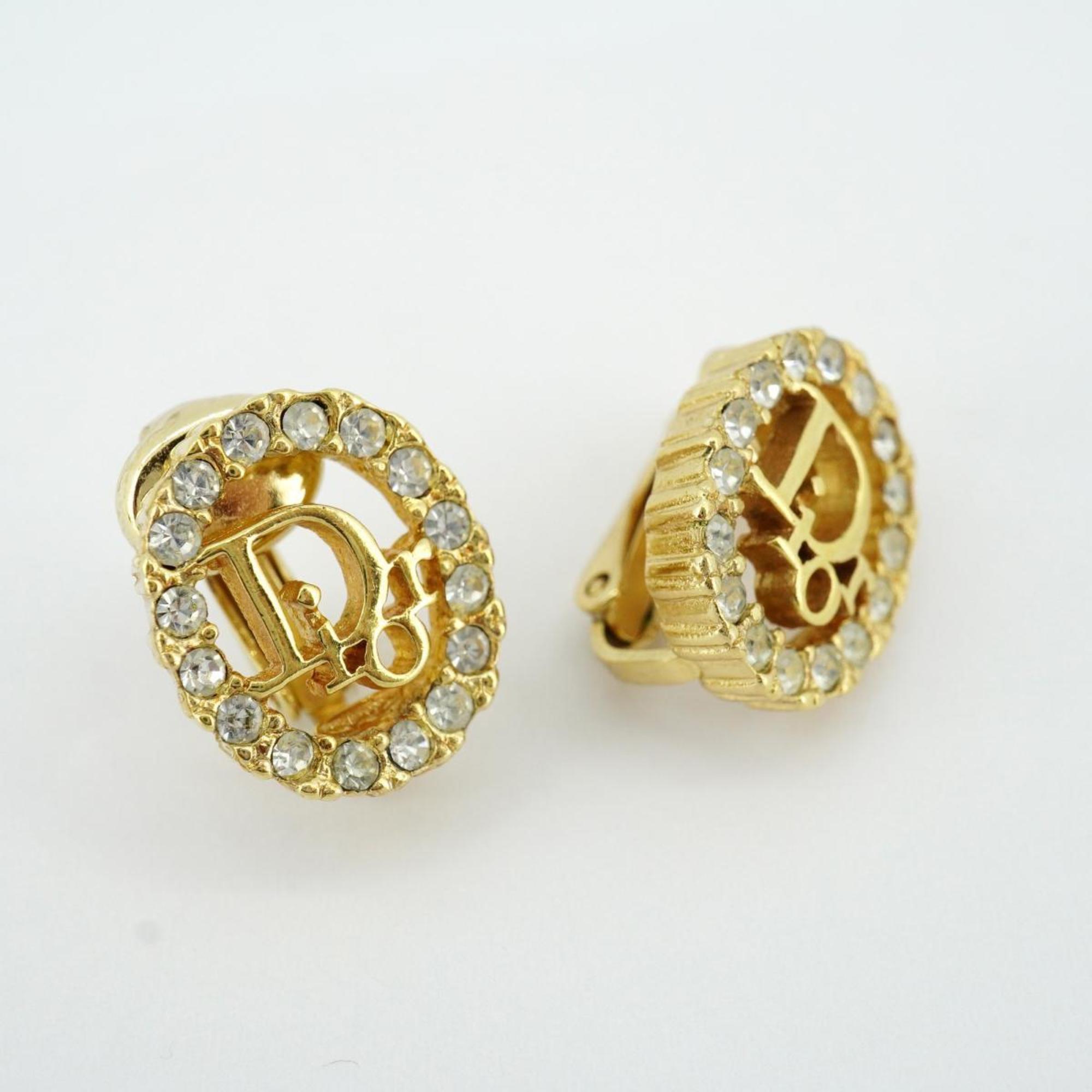 Christian Dior Earrings Oval Rhinestone GP Plated Gold Women's