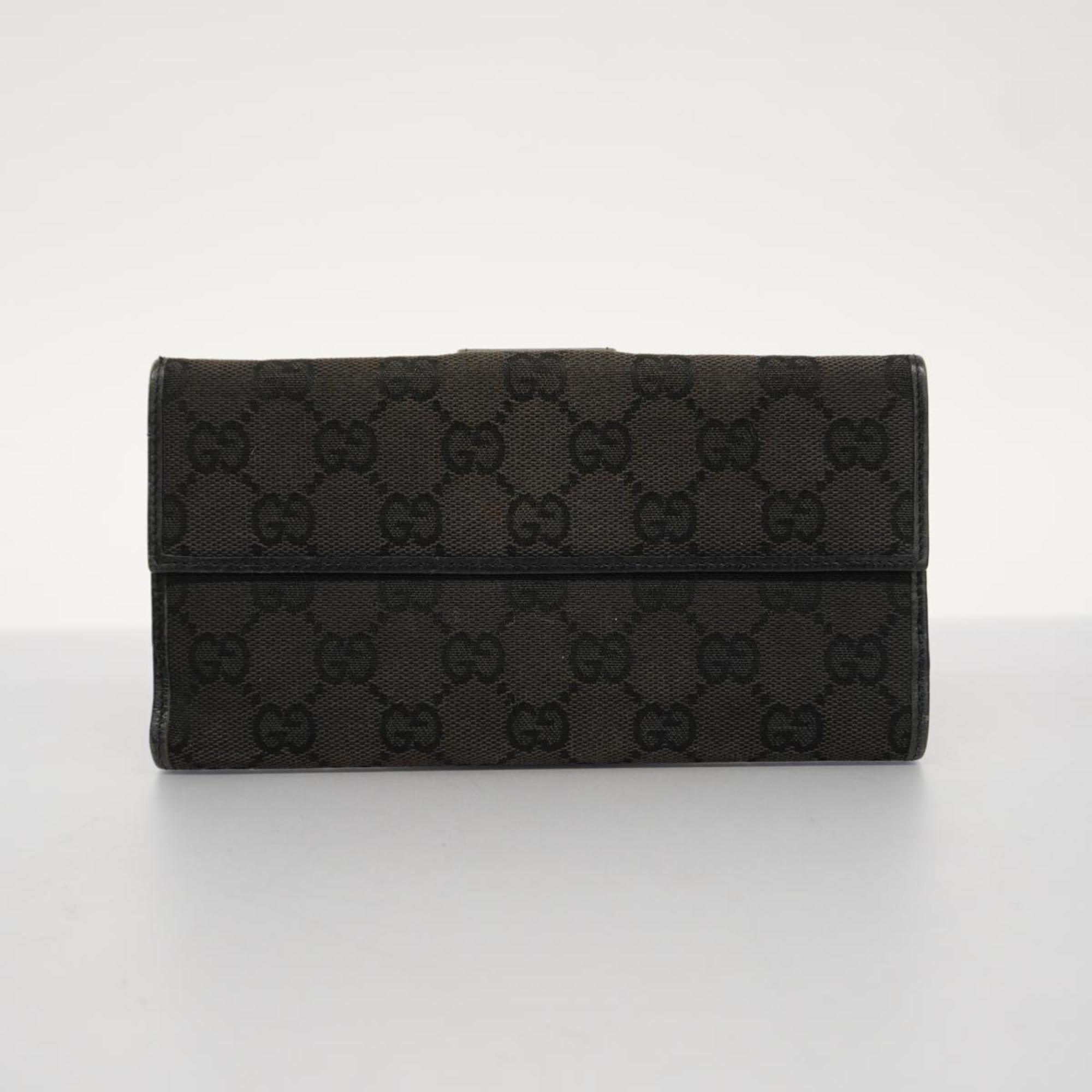 Gucci Long Wallet GG Canvas 141410 Leather Black Champagne Women's