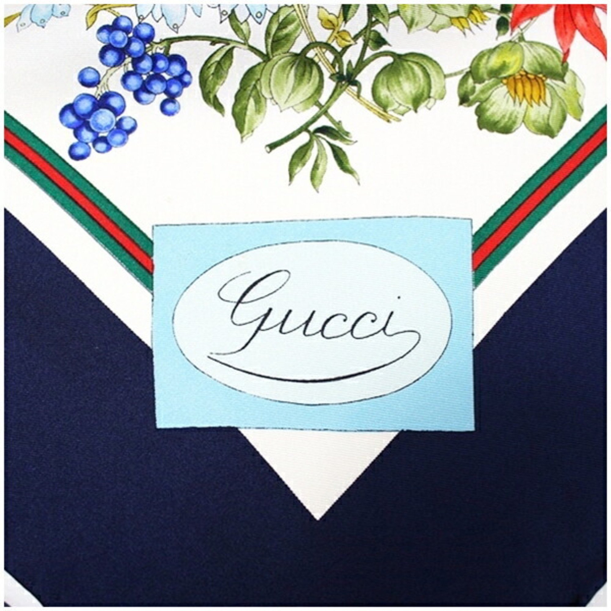 Gucci Silk Scarf Muffler Floral Pattern Cream x Navy GUCCI Women's