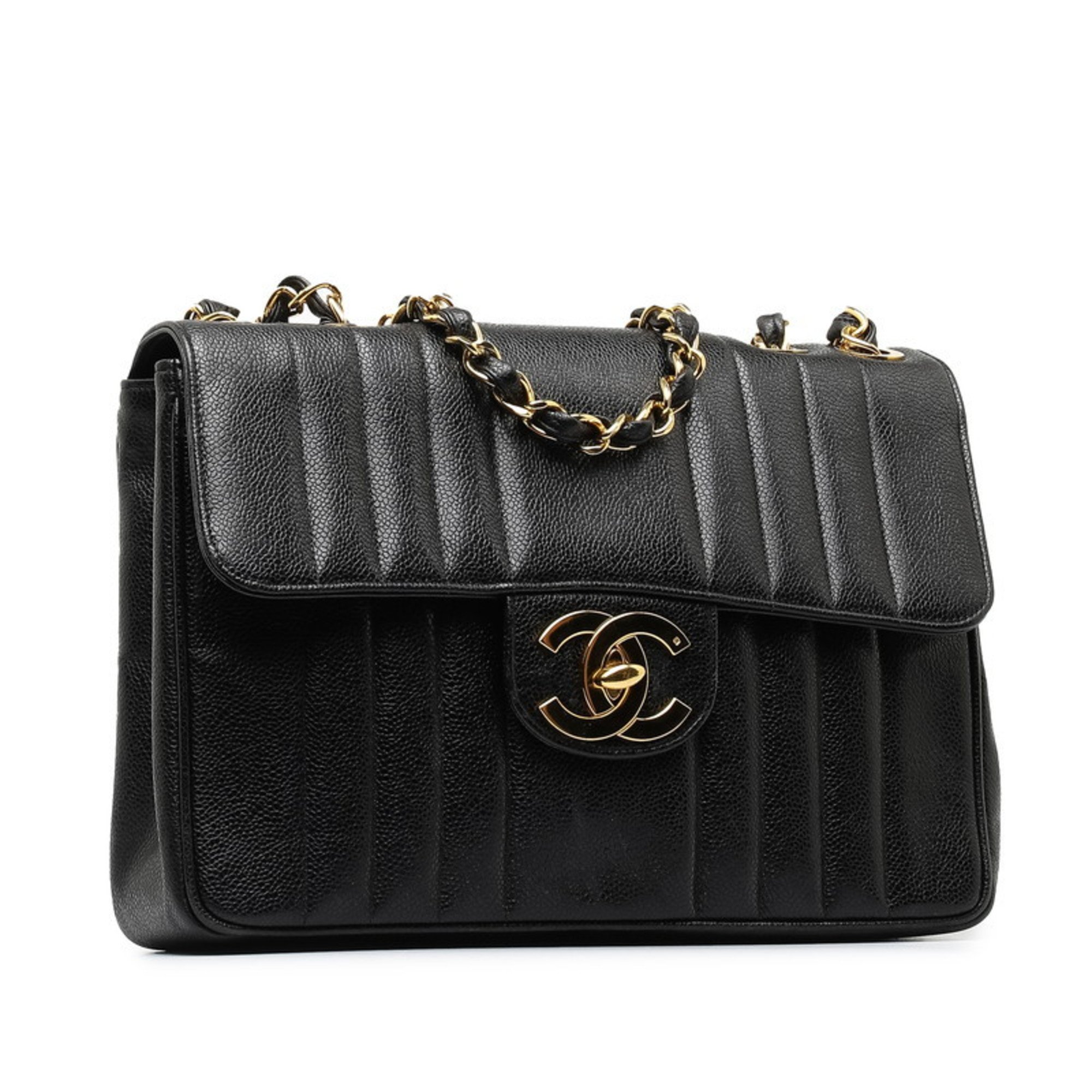 CHANEL Coco Mark Mademoiselle Double Chain Shoulder Bag Black Caviar Skin Women's