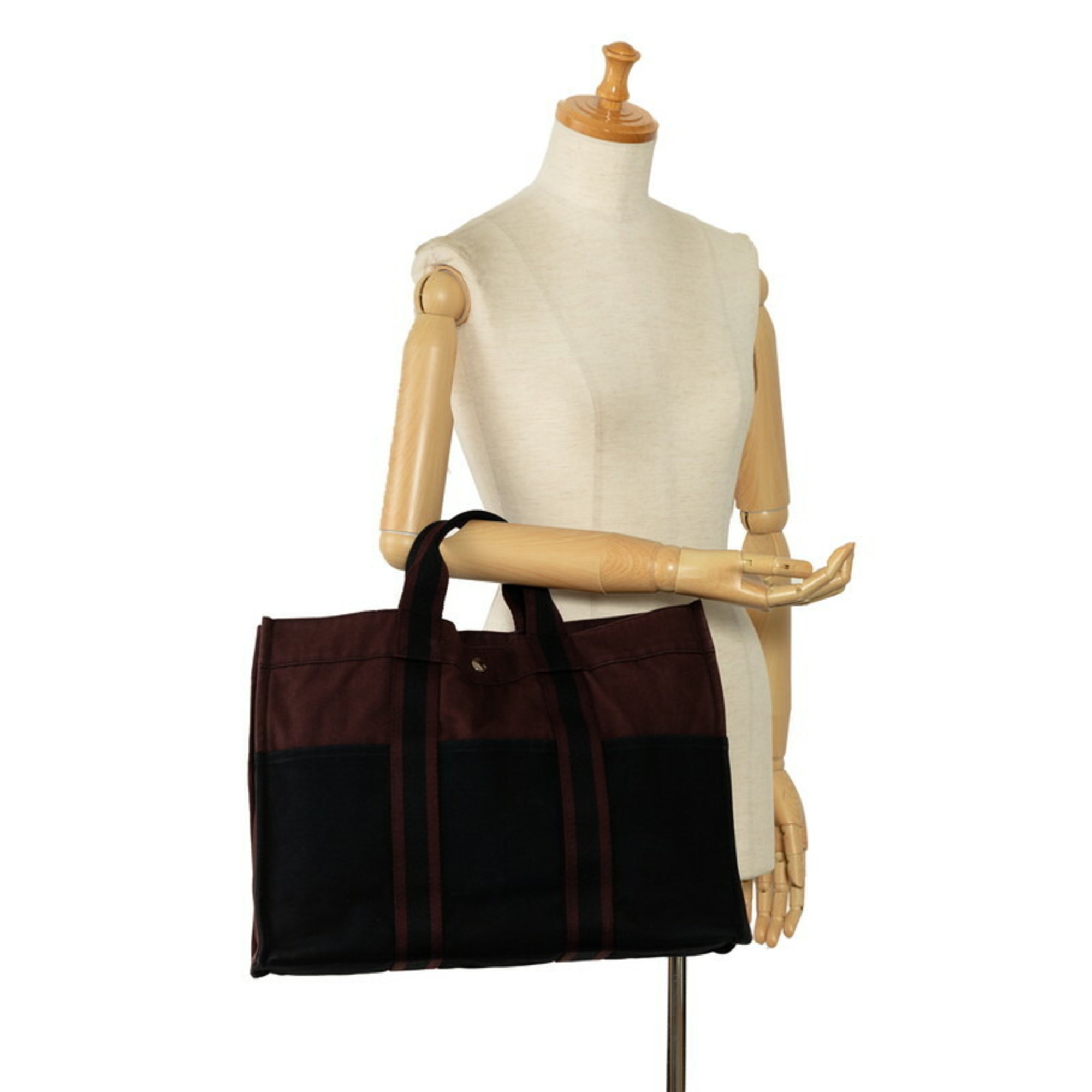 Hermes Foule MM Handbag Tote Bag Black Wine Red Canvas Women's HERMES