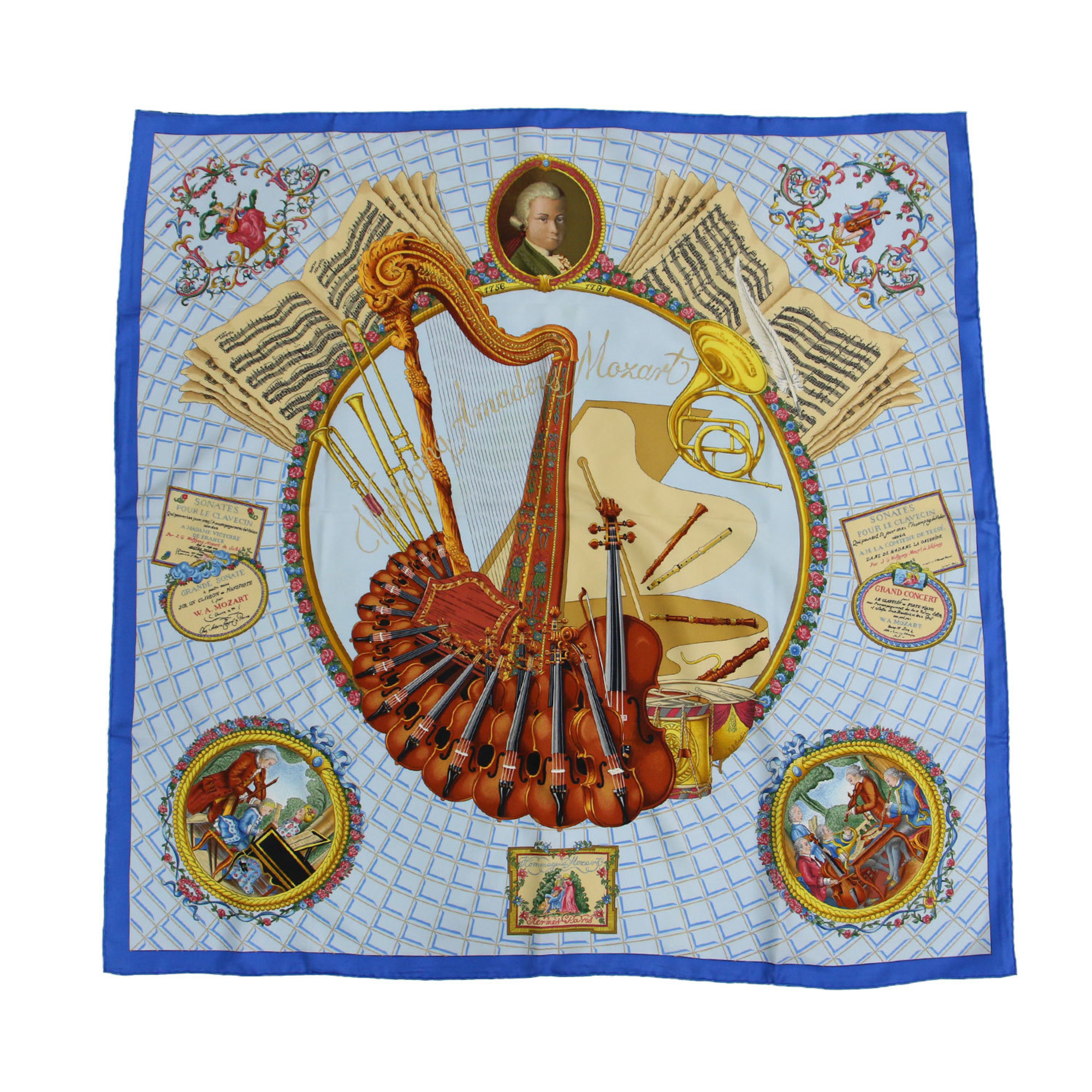 HERMES Carré 90 Silk Scarf Muffler Wolfgang Amadeus Mozart Hymn to Blue Rolotage Finish Women's K4099