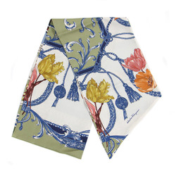 Salvatore Ferragamo Scarf Muffler Long Tie Bandeau Print Bird Flower Tassel Silk Khaki Blue Women's K4102