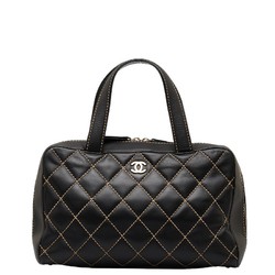 CHANEL Coco Mark Wild Stitch Handbag Boston Bag Black Leather Women's