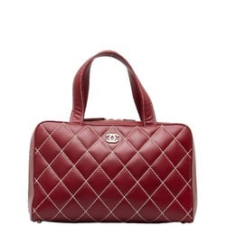 CHANEL Coco Mark Wild Stitch Handbag Boston Bag Red Lambskin Women's