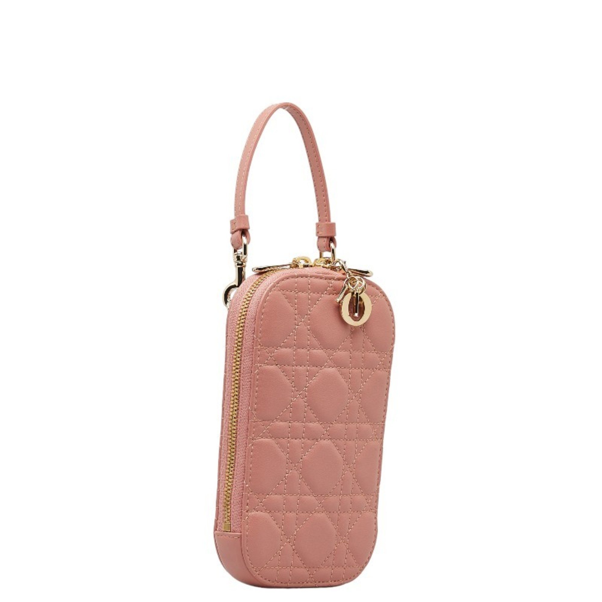 Christian Dior Dior Lady Phone Holder Smartphone Pouch Mobile Case Shoulder Bag Pink Lambskin Women's