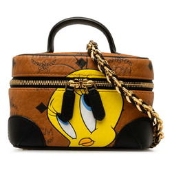 MCM Visetos Glam x Looney Tunes Tweety Chain Vanity Bag Handbag Pouch Brown PVC Leather Women's