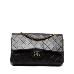 Chanel Matelasse 25 Coco Mark Double Flap Chain Shoulder Bag A01112 Black Gold Caviar Skin Women's CHANEL