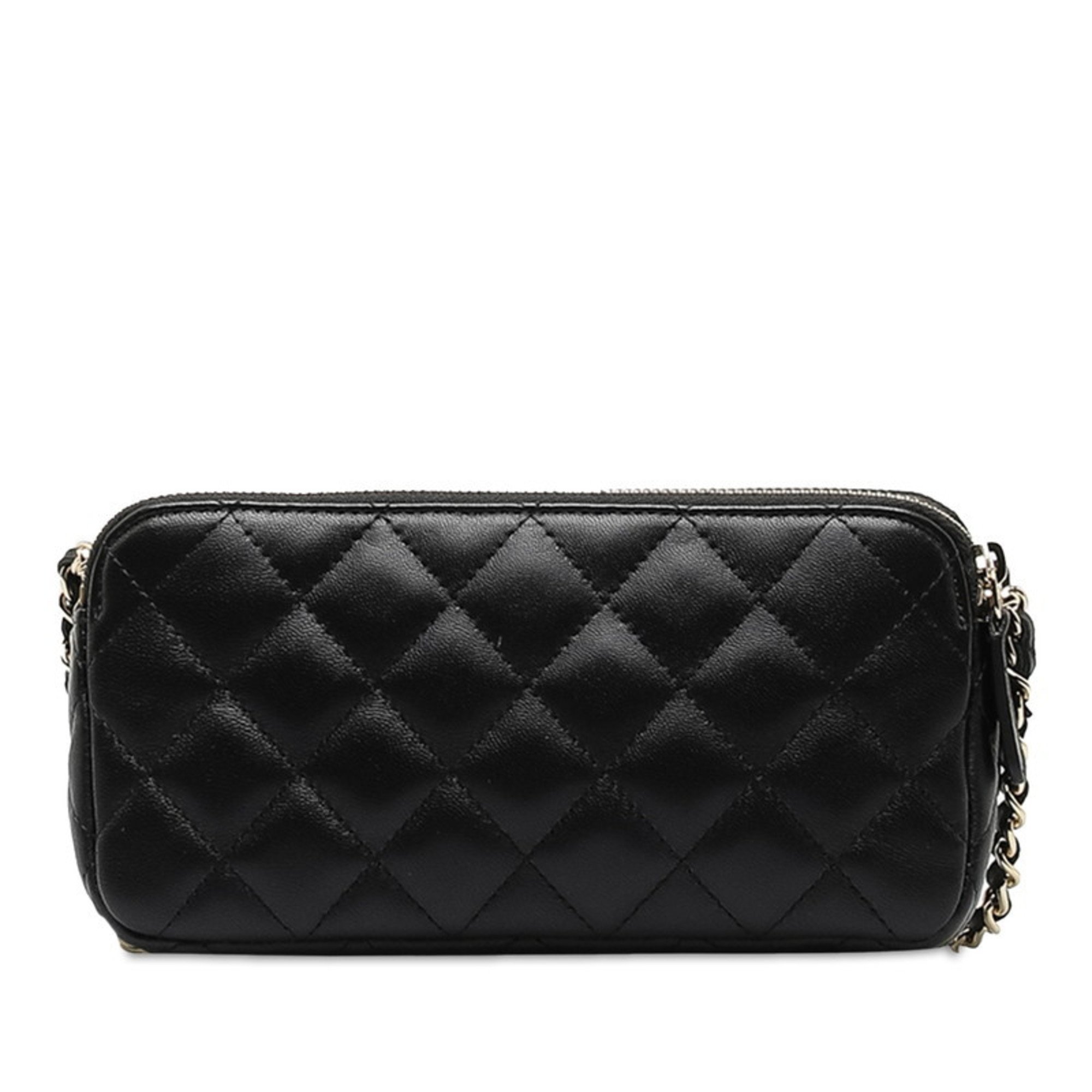 Chanel Matelasse Coco Mark Chain Wallet Shoulder Bag Black Lambskin Women's CHANEL